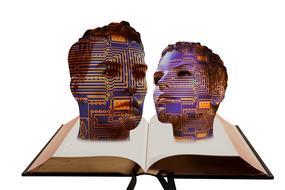 male and female mannequin heads with circuit board print on open book, digital art