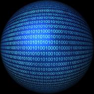 Blue globe, with the binary code, at black background, clipart