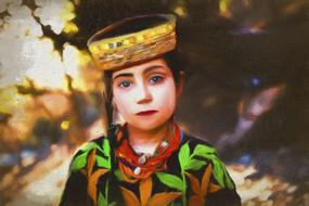 Portrait of a girl in colorful and beautiful clothing, in hat, in Pakistan, clipart