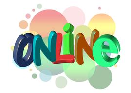 3d, colorful "ONLINE" sing at background with colorful bubbles, at white background, on clipart