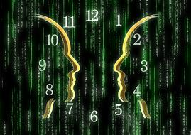 matrix, clockface over human profiles drawing
