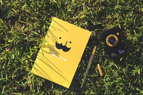 notebook, camera and pen on green grass