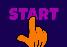 Drawing of an orange hand with finger, touching purple "Start" sign at violet background