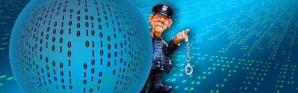 Figure of the policeman, with the handcuffs, near the blue globe with binary code, clipart