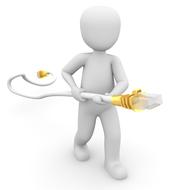 White figure of a person with yellow and white cable, at white background, on clipart