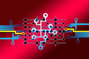 Colorful board circuits, at red, gradient background, on clipart