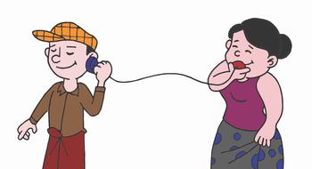 Young guy and girl, talking on the phone, at white background, clipart