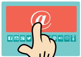 Touching white "@" sign at orange background and white social media icons, on clipart