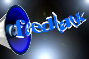 3d model of a blue, metallic and black loudspeaker and "feedback" sign, at background with the lights, clipart