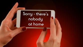 White smartphone, with "Sorry-there's nobody at home" sign, in the hands of the girl, at red, gradient background, clipart