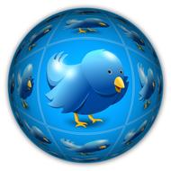 Globe with the cute, shiny, blue and yellow Twitter birds, clipart