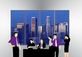 Colorful clipart with the team meeting near the windows with city view, clipart