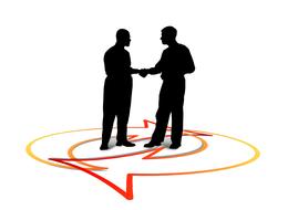 Silhouettes of the men shaking hands, on the colorful pattern with arrows, at white background, clipart