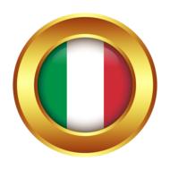 Colorful round icon with flag of Italy, in shiny, gold frame, at white background, clipart