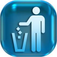 Black and white icon with the person, throwing waste in the recycle bin, clipart