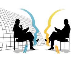 Silhouettes of the sitting people, in colorful profile portraits, at checked background, clipart