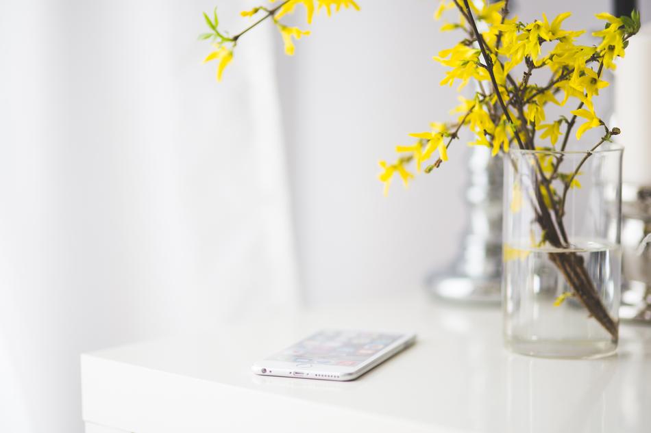 Iphone 6 Plus on white table near vase with blooming branches