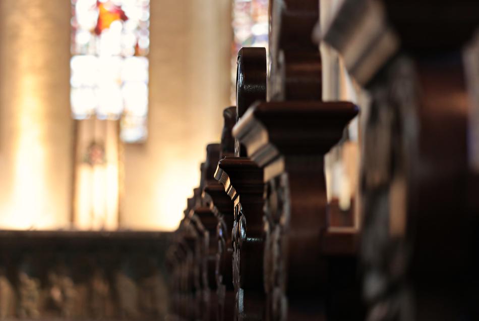 wooden benches close up in the church