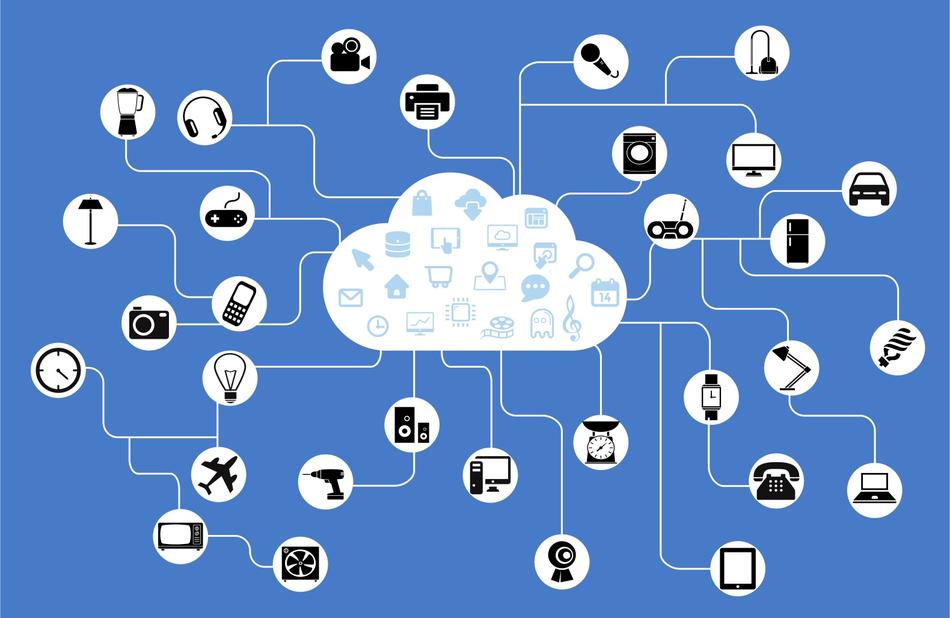 Blue and white cloud, connected with iot, clipart
