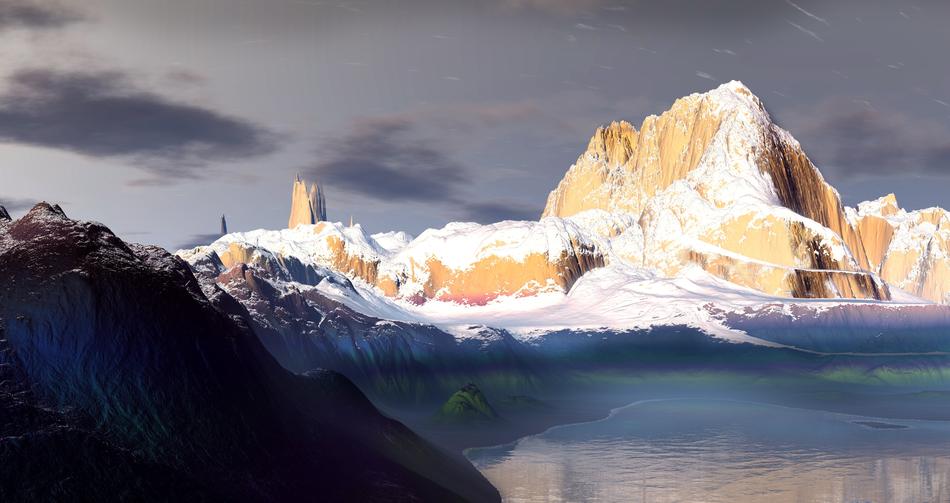 computer graphics image of snowy mountains and lake