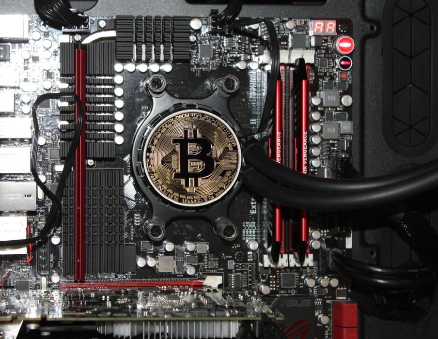 Colorful hardware, with 'Bitcoin' sign, with the cables, in light