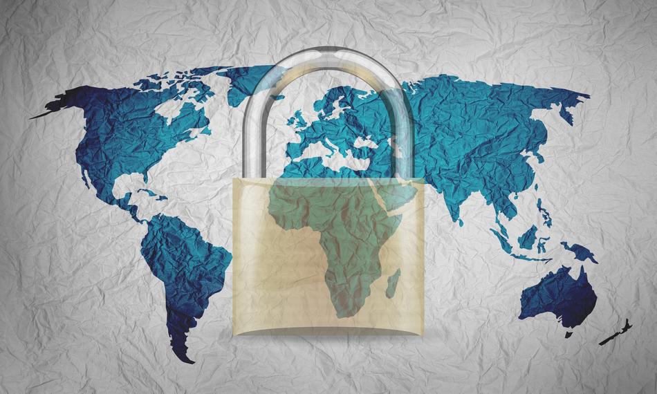 Safety, transparent padlock at world map