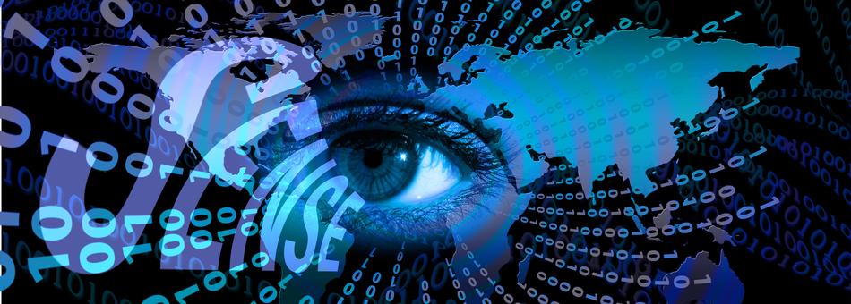 binary code around human eye, sense, collage
