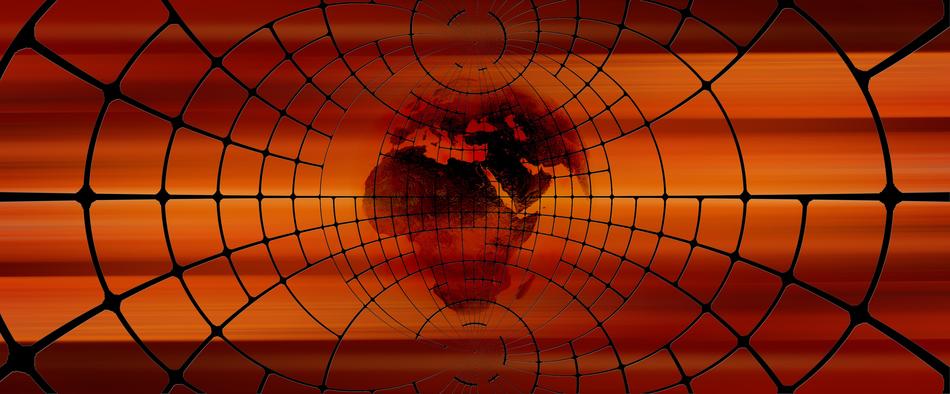 Black World Map and grid, at orange, brown and yellow, gradient sunset on background