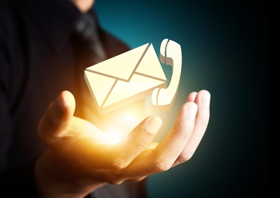 3d message and call icons, above the hand, with the light