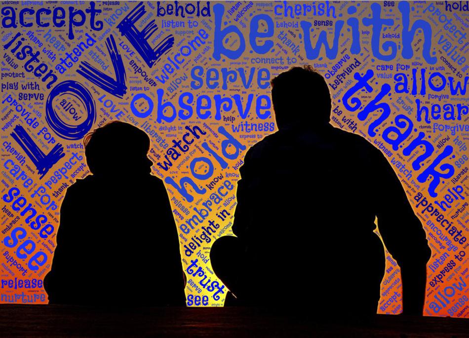 black silhouettes of a boy and a man on the background of the inscriptions love, together, care