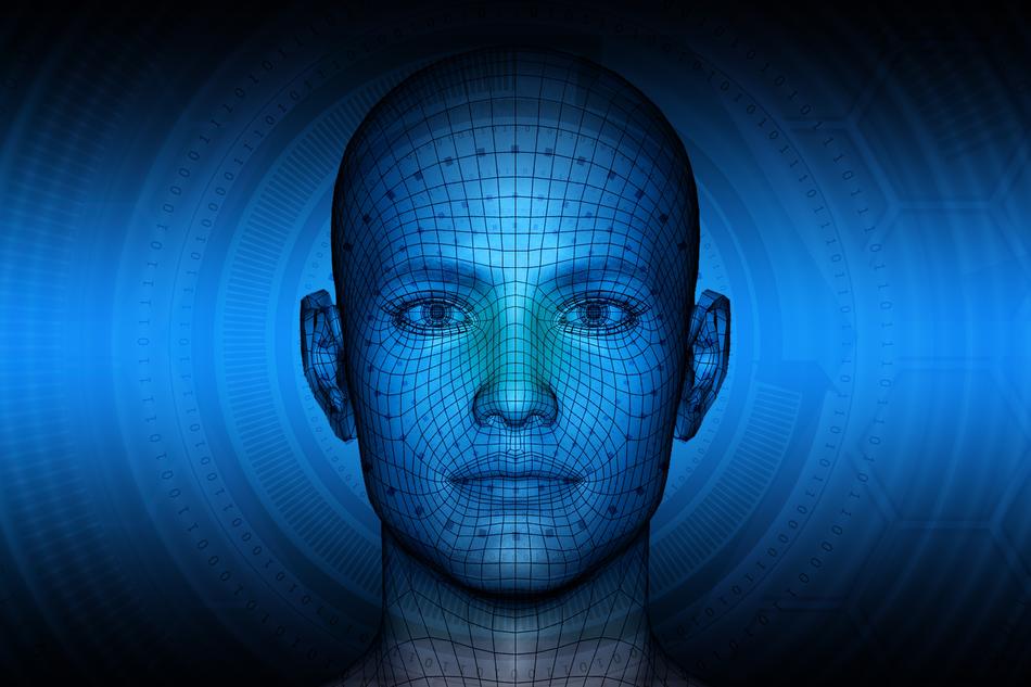 digital grid on the face of a man on a blue background