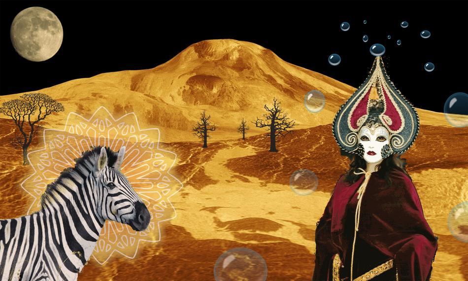 painted woman in mask and zebra in the desert in the space
