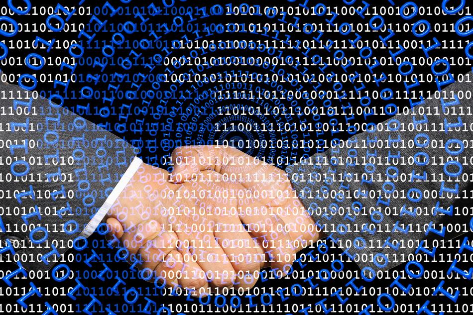 binary code above handshaking at facebook symbol