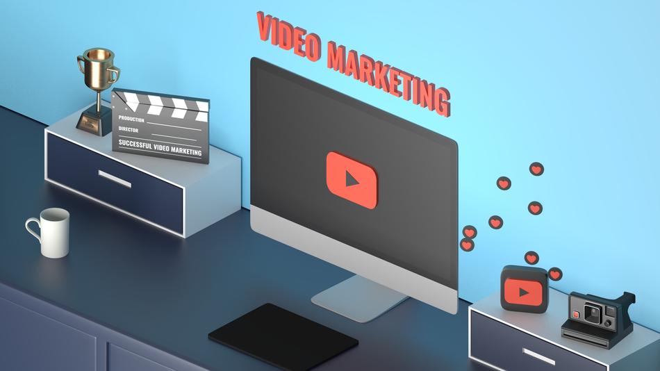 video marketing, set of equipment on desk, render