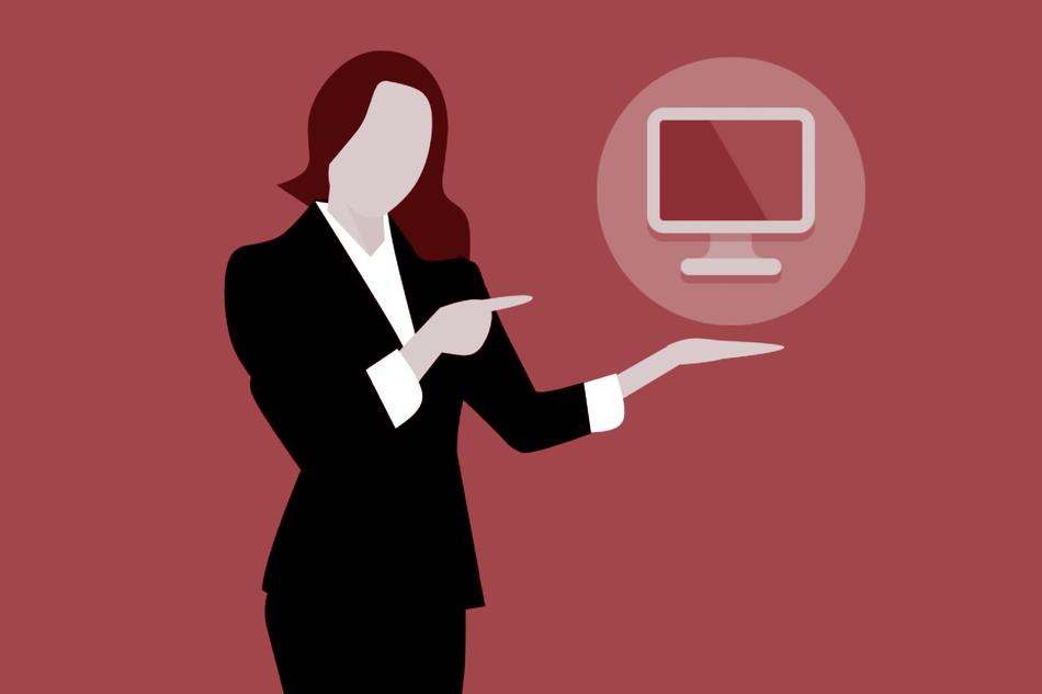 woman pointing on icon with screen, drawing
