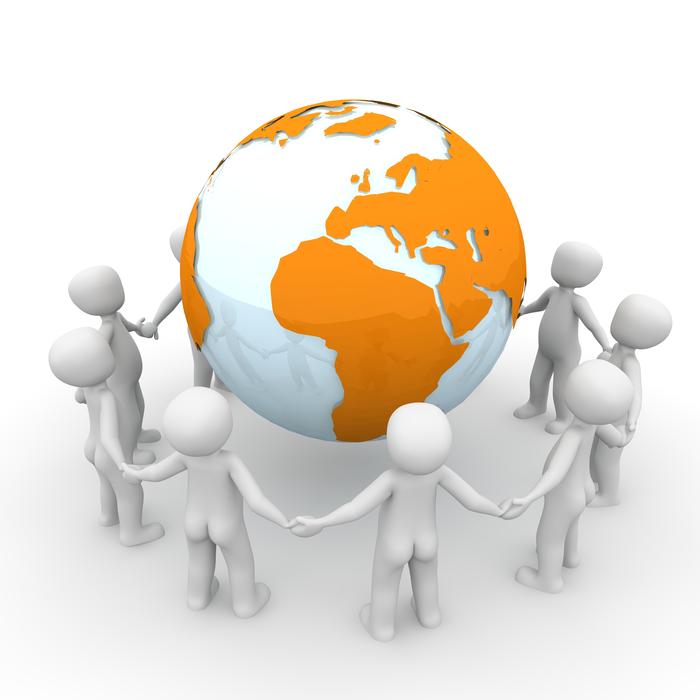 White figures, around the orange and white globe, at white background, on clipart