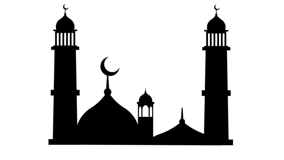 black silhouette of a mosque with a crescent moon symbol on a white background