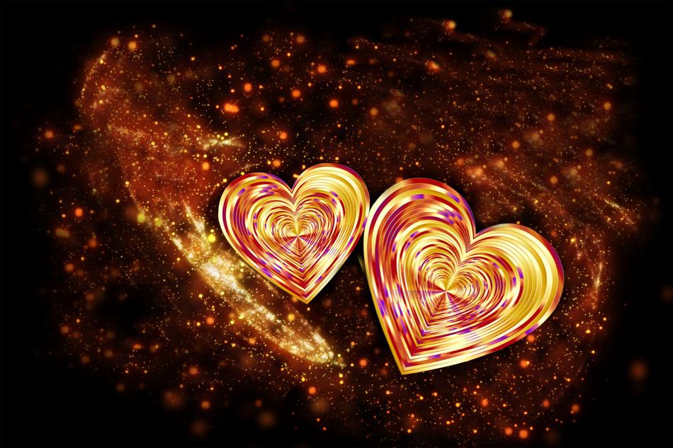 Beautiful, bright, red and yellow hearts, among the lights, on the Valentine's Day, on clipart