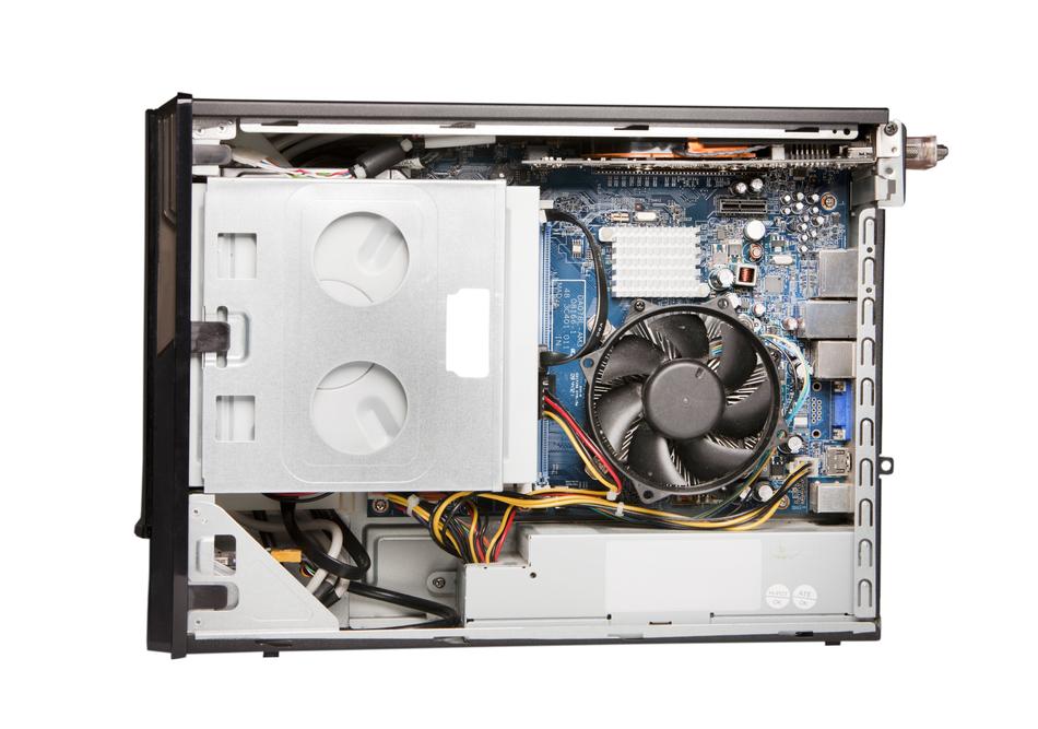 Colorful cables and other hardware of the pc, at white background