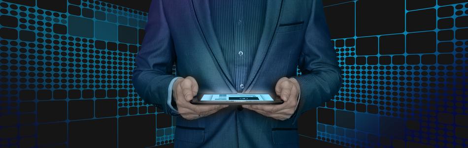 Businessman, using laptop, at background with blue and black pattern, clipart
