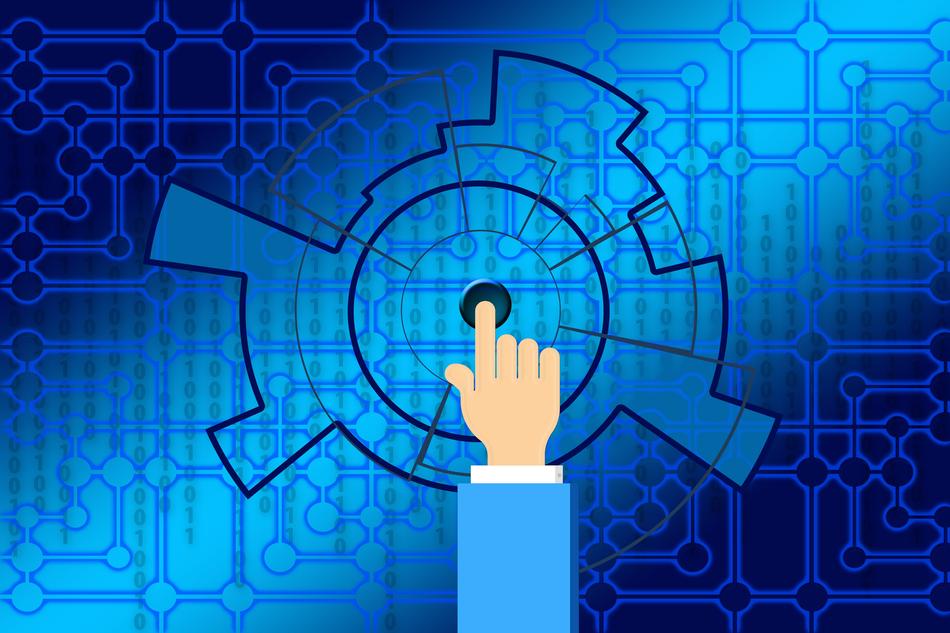hand on computer circuits as background