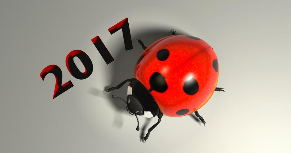Beautiful, red and black, shiny lucky ladybug and '2017' sign, in light, clipart