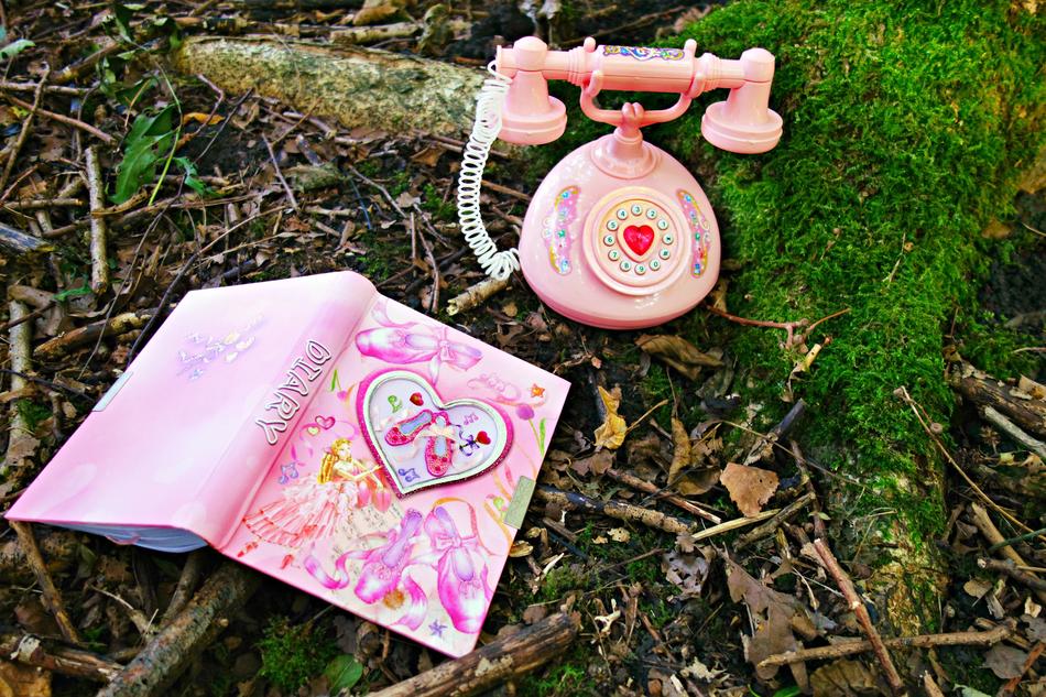 pink phone and diary on the ground in the forest