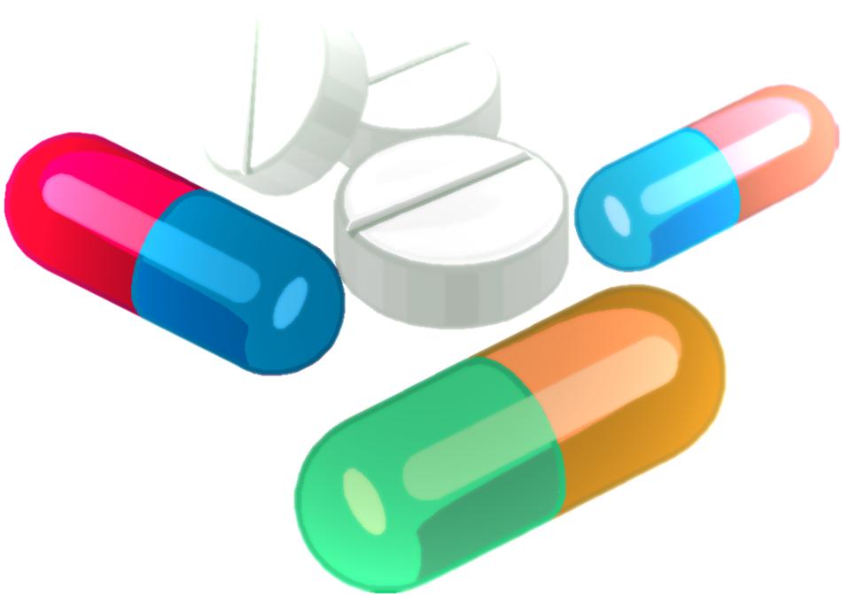 Colorful, shiny pills and tablets at white background on clipart