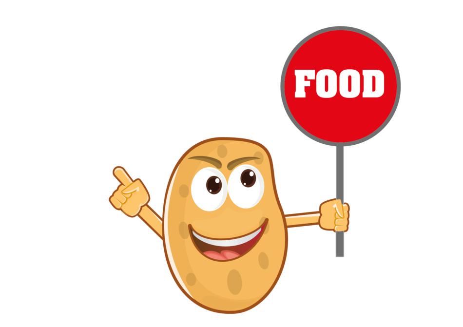 Brown, cartoon potato mascot with red and white 'food' sign at white background