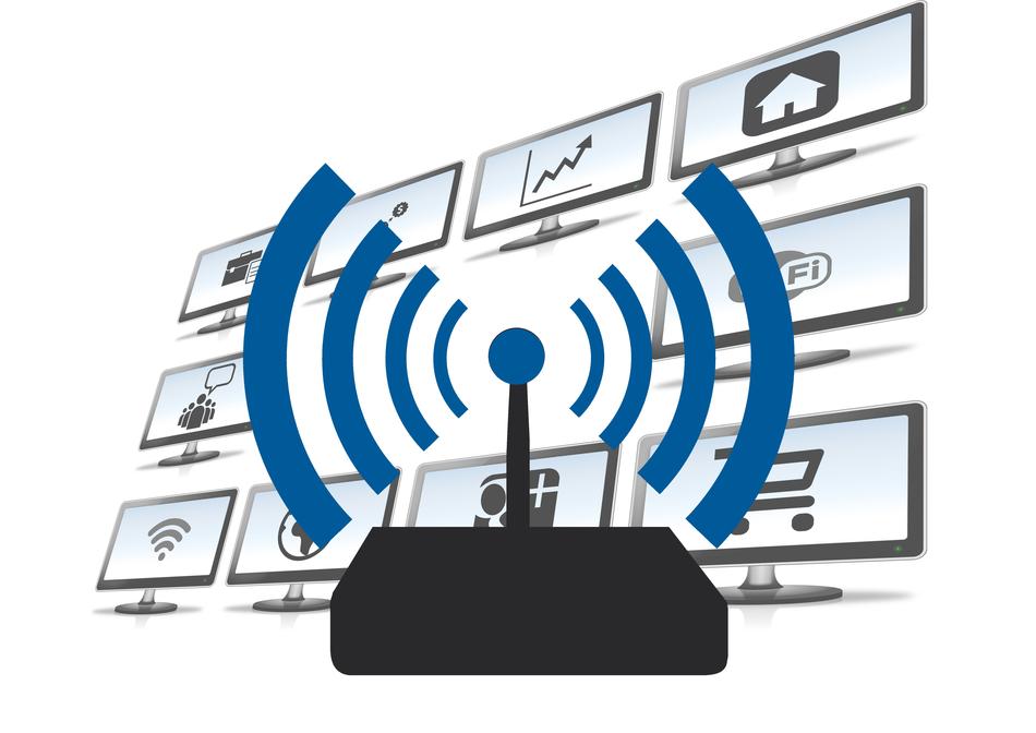 wireless network symbol on the background of monitors