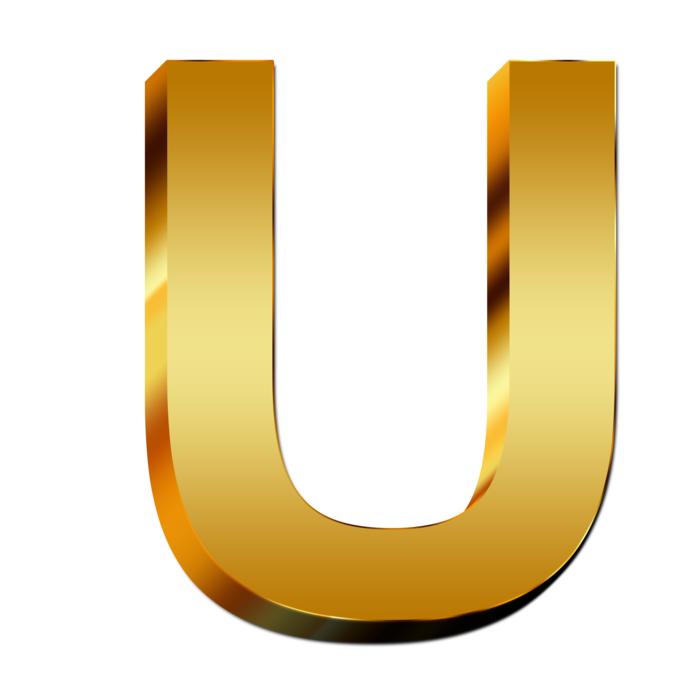 Beautiful, gold, 3d 'U' letter at white background