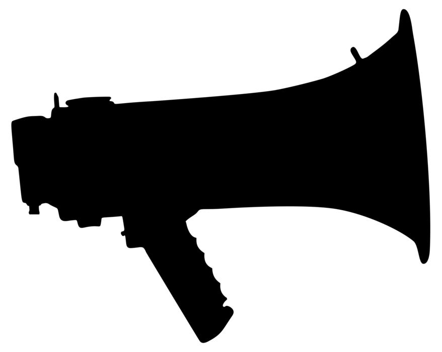 Black silhouette of an audio megaphone, at white background, on clipart