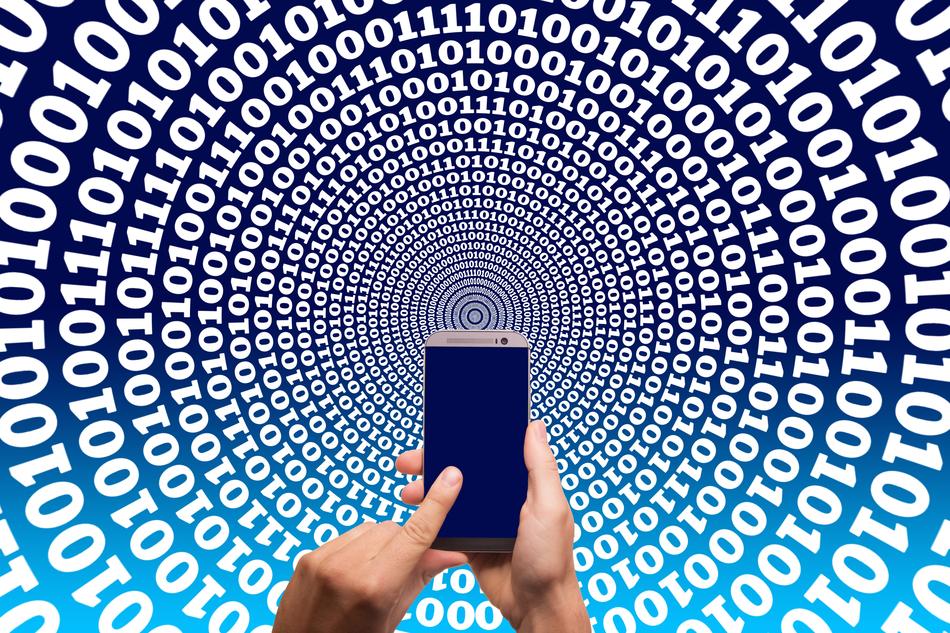 Person, using smartphone, at background with the pattern, with the binary code in circles, clipart