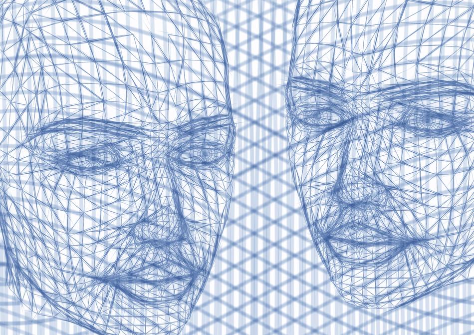 Blue and white clipart with the people portraits in wireframe, on clipart